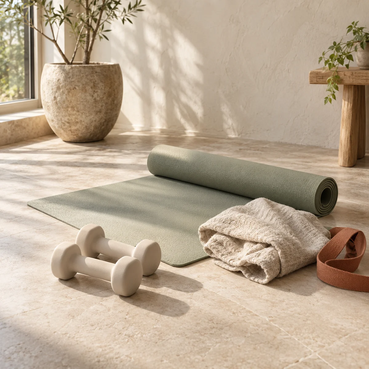 A sage exercise mat unrolled on a sunlit stone floor beside ivory dumbbells, a folded knit towel and a terracotta stretching strap